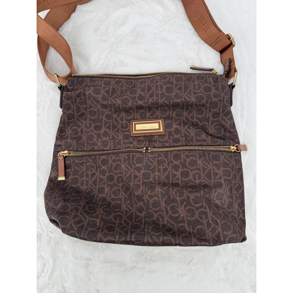 Calvin‎ Klein Crossbody Bag Womens Large Brown Monogram Logo Nylon Bag